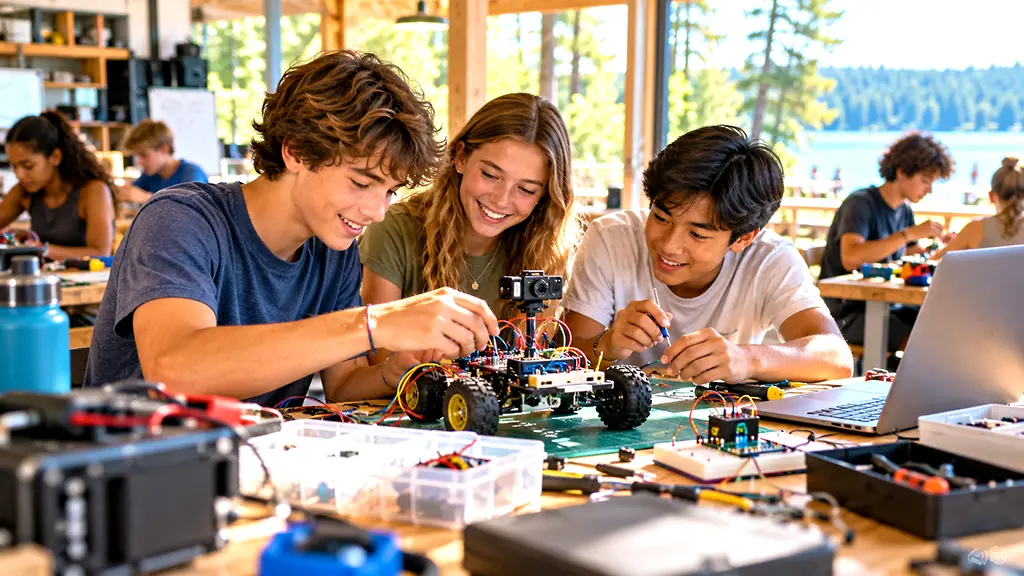 Three teens working together on a wheeled robotics and electronics project at a summer camp workshop